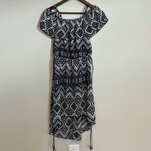 R Wish Women's Navy White Tribal Geometric High Low Cold Shoulder Dress Small